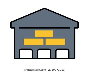 A simple, stylized illustration of a warehouse with grey walls and yellow accents.