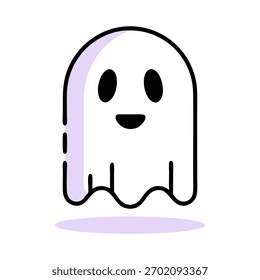 Uma ilustração simples e estilizada de um fantasma branco com olhos negros e uma boca sorridente, lançando uma sombra roxa abaixo.
