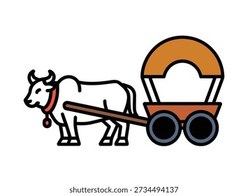 Una ilustración simple y estilizada de un buey blanco tirando de un Carrito de madera con un dosel marrón. El buey lleva un collar rojo y una campana. El Carrito tiene dos Grandes ruedas negras.