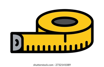 Una ilustración simple y estilizada de una cinta métrica amarilla con marcas negras y una pieza final gris.