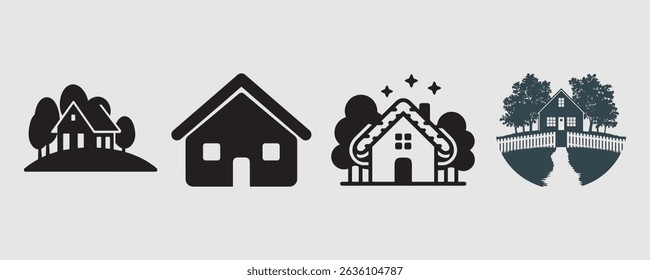 Simple, stylized illustrations of homes in various settings