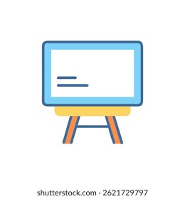A simple stylized image of a chalkboard on an easel. Flat vector style with a light blue color scheme.