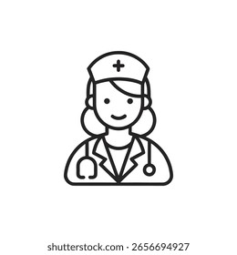 A simple, stylized line art icon of a female doctor wearing a cap with a cross and a stethoscope, isolated on white background.