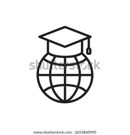 A simple, stylized line art icon featuring a graduation cap placed on top of a globe. This symbol represents global education, international studies, or worldwide learning opportunities.