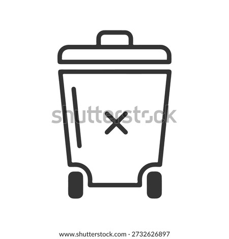 A simple, stylized line art icon of a trash can is depicted against a white background. The trash can has a lid with a handle, and its body tapers slightly towards the bottom. It features two small wheels at the base, suggesting mobility. Prominently displayed on the front of the trash can is a bold black 'X' mark, often used to signify deletion, removal, or an error.