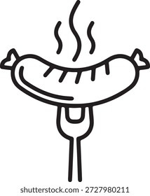 Una ilustración de arte lineal simple y estilizada de un perro caliente en un tenedor, con vapor saliendo de él. La Imagen es blanco y negro.