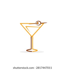 A simple stylized line drawing of a classic martini glass featuring an olive on a toothpick isolated on a white background