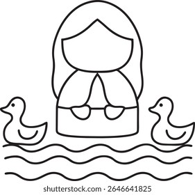 A simple, stylized line drawing depicts a person with long hair and glasses in a pond with two cute ducks swimming alongside. The artwork is in black and white.