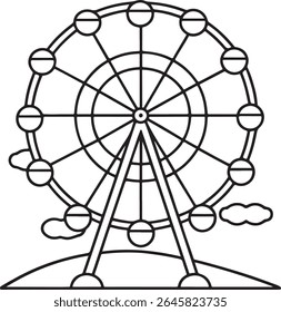A simple, stylized line drawing of a Ferris wheel with gondolas, set against a clean white background. The iconic amusement park ride is depicted with clear outlines and minimal detail.