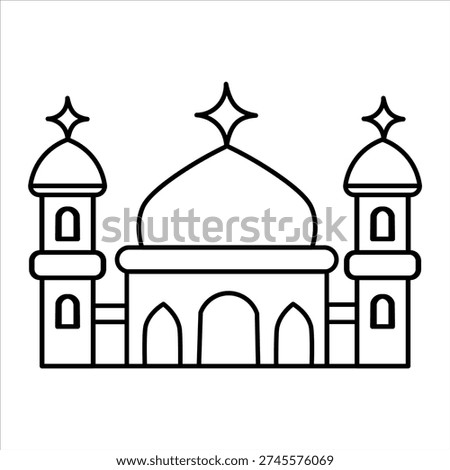 A simple, stylized line drawing of a mosque with a dome and two minarets, symbolizing Islamic architecture and religious devotion.