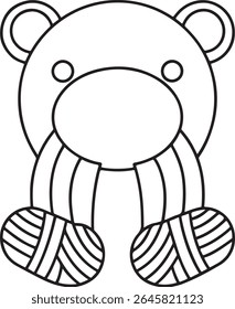 A simple, stylized line drawing of a teddy bear with yarn balls for feet, presented clearly isolated on a white background. This charming illustration is perfect for crafting or children's themes.