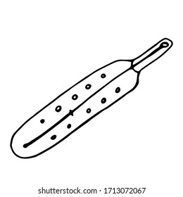 Termómetro simple estilizado de mercurio en estilo doodle sobre fondo blanco. Una herramienta para medir la temperatura humana. Imagen vectorial de material para diseño, logotipo, iconos.