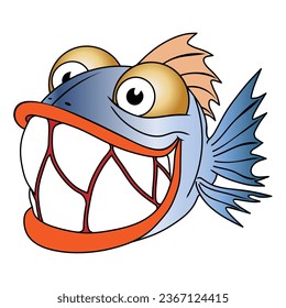 A Simple Stylized Monochrome Vector Image Of A Funny, Mischievous Piranha Fish. Image For Printing On A T-shirt, Icon, Logo, Tattoo, etc.