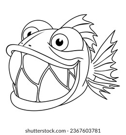 A Simple Stylized Monochrome Vector Image Of A Funny, Mischievous Piranha Fish. Image For Printing On A T-shirt, Icon, Logo, Tattoo, etc.