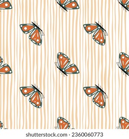 Simple stylized moth seamless pattern. Butterflies wallpaper. Flying insect print. Design for fabric, textile print, wrapping paper, cover, poster. Vector illustration