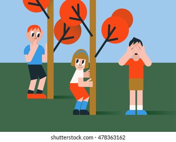 A simple stylized naive illustration of children playing hide and seek in the autumn forest