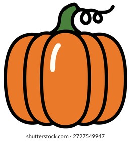 Una calabaza naranja simple y estilizada con un tallo verde y un remolino decorativo, perfecto para temas de otoño.