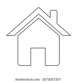 Um simples e estilizado esboço de uma casa com um telhado arremessado e chaminé, isolado em um fundo branco.