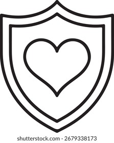 Ein einfacher, stilisierter Umriss eines Schildes mit einem Herzsymbol im Inneren, das Schutz und Pflege darstellt.