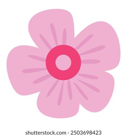 Una simple flor estilizada de color rosa con cinco pétalos redondeados y un centro Grande y concéntrico en tonos de rosa y rojo. Ilustración de diseño floral y decorativo