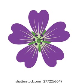 A simple, stylized purple flower with five petals and green accents.