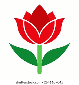 A simple, stylized red flower icon with rounded petals, isolated on a clean white background. Suitable for various design applications.