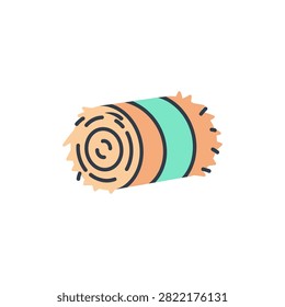 A simple stylized rolled hay bale banded in teal during a golden hour harvest. Ideal for farming and rural themes.
