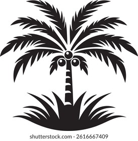 A simple, stylized silhouette of a palm tree with coconuts, set against a plain white background.
