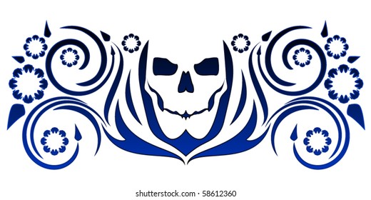 Simple stylized skull tattoo with swirly floral designs