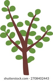 Un árbol Pequeño estilizado simple con ramas ramificadas y muchas hojas verdes redondas.