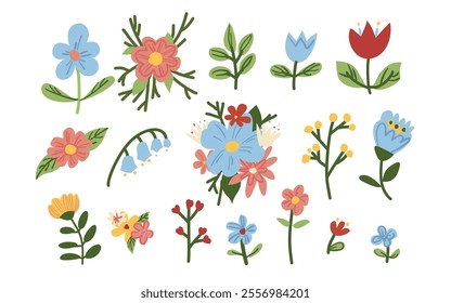 Simple stylized spring flowers. Hand drawn flower arrangements on a white background. Blooming, leaves, meadow flowers. For design, textile, packaging