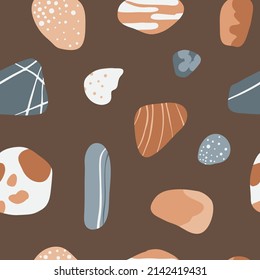 Simple stylized stones seamless pattern. Nature organic graphic elements set. Beige, blue and dark brown. Abstract flat vector texture. Minimalist shapes. Colorful mineral rock stones, pebbles.