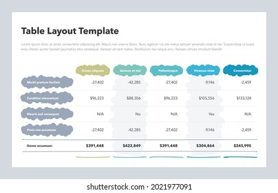 Simple stylized table layout with the total sum column and place for your content. Flat design, easy to use for your website or presentation.