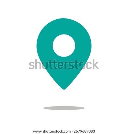 A simple, stylized teal location pin icon with a subtle shadow underneath. It represents a point on a map or a destination.