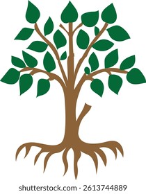 Simple stylized tree illustration with green leaves and brown trunk and roots, perfect for eco-friendly designs.
