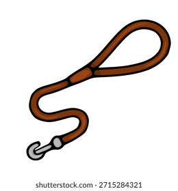 Una Ilustración vectorial simple y estilizada de una correa de perro marrón con un broche de metal, aislado sobre un fondo blanco, que representa accesorios para mascotas y actividades al aire libre.