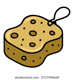 Una Ilustración vectorial simple y estilizada de una esponja de baño de color marrón dorado con un bucle colgante, con una superficie texturizada con poros de varios tamaños y Pequeños puntos oscuros, representados con un contorno negro grueso...