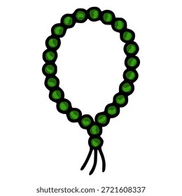 Ilustração vetorial simples e estilizada de contas de oração verdes com um contorno preto e uma borla, adequada para fins religiosos ou decorativos.