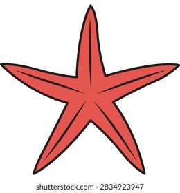 A simple, stylized vector illustration of a red starfish with five arms and a black outline, isolated on a black background.