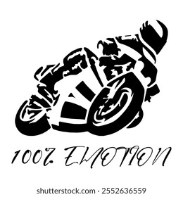 Simple Stylized Vector Monochrome Image Of A Motorcyclist On A Sport Bike On A White Background With Lettering 100% EMOTION. T-shirt Image. Jacket design.