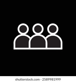 A simple, stylized white line icon on a black background depicting three human figures standing side by side, representing a group of people