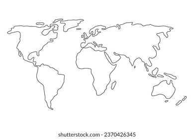 Simple Stylized World Map in Minimal Thin Line Outline Shape. Contours Continents of the Globe Isolated on a White Background. Vector Illustration.
