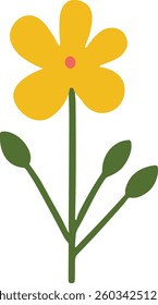 A simple, stylized yellow flower with five petals, a red center, and green leaves on a thin stem. Perfect for floral designs, spring themes, and nature illustrations.
