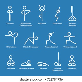 Simple stylized yoga poses icon set. Stick figures in yoga asanas, vector illustration.