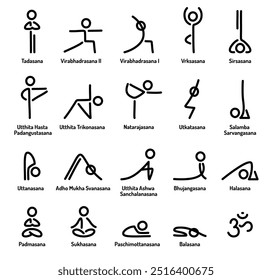 Simple stylized yoga poses line icon set. Hand drawn stick figures in yoga asanas, vector illustration.