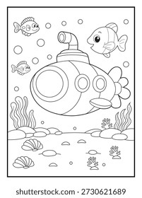 Hoja de colorear submarino simple para niños. Ilustración minimalista de vehículos marinos para proyectos de Ciencia preescolar.