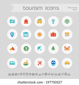 Simple subtle colored tourism icons on white circles