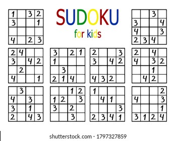 Sencillo conjunto de sudoku para la ilustración vectorial de material para principiantes. Cuatro por cuatro números de juego sudoku conjunto de hojas de cálculo imprimibles horizontalmente. Colorido y fácil rompecabezas de números lógicos para niños. 