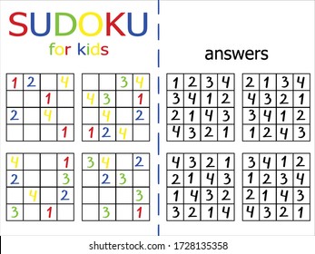 Simple sudoku set of four games for kids and beginners. Easy sudoku number puzzle with solution. Printable vertical number math maze work sheet. Children black and white mathematics vector game. svg