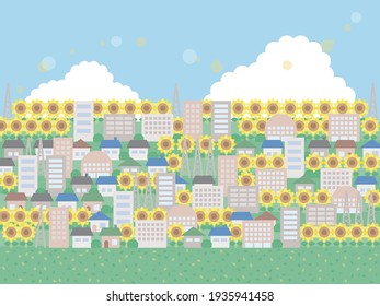A simple summer cityscape background illustration. A lively version.